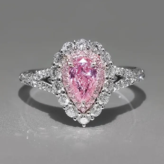Elegant Pink Waterdrop Cubic Zirconia Wedding Band Ring for Women