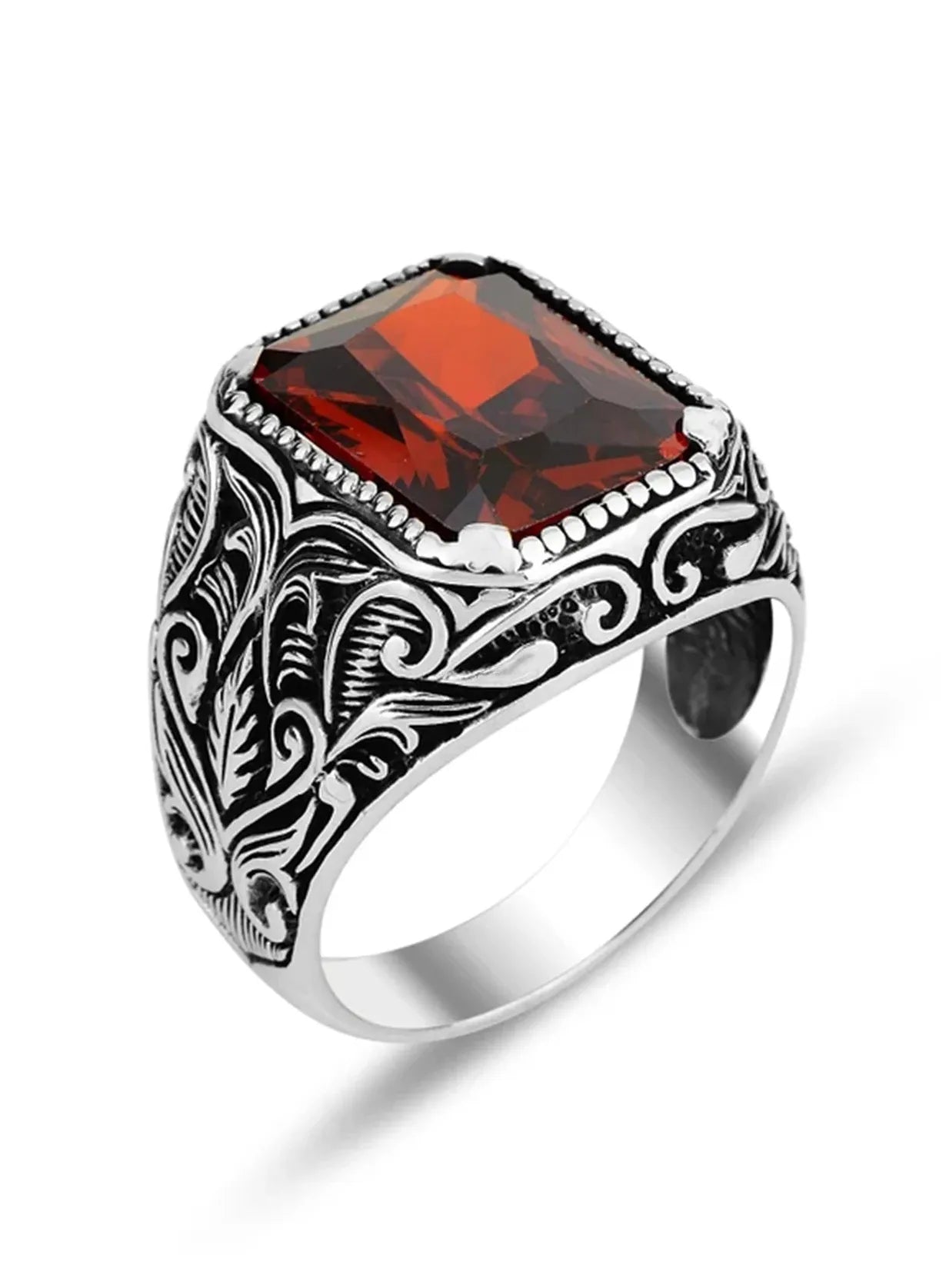 Vintage Handmade Turkish Silver Signet Ring Unisex Red Yellow Zircon Inlay Punk Biker