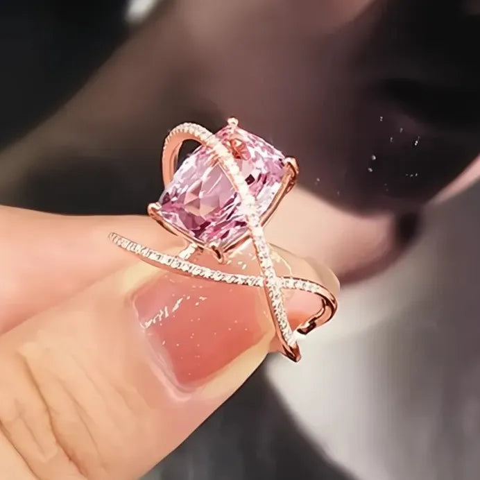Trendy Pink Cubic Zirconia Brass Ring Romantic Engagement Gift for Women
