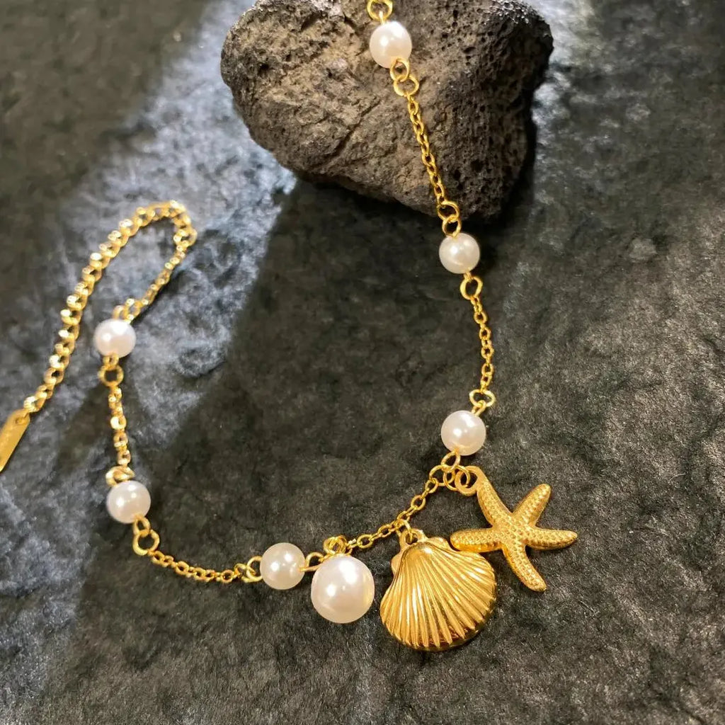 Stainless Steel Pearl Starfish Chain Bracelet Bangle for Women Ocean Jewelry