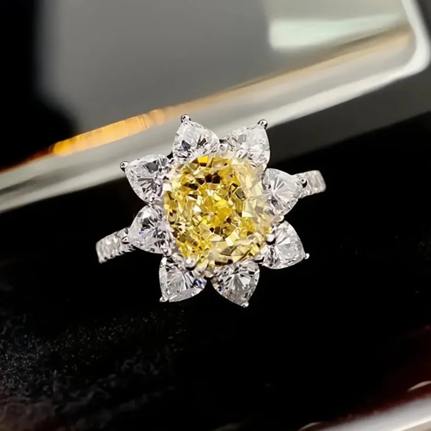 Luxury Sunflower Brass Wedding Band Ring for Women with Yellow CZ Flower Gift