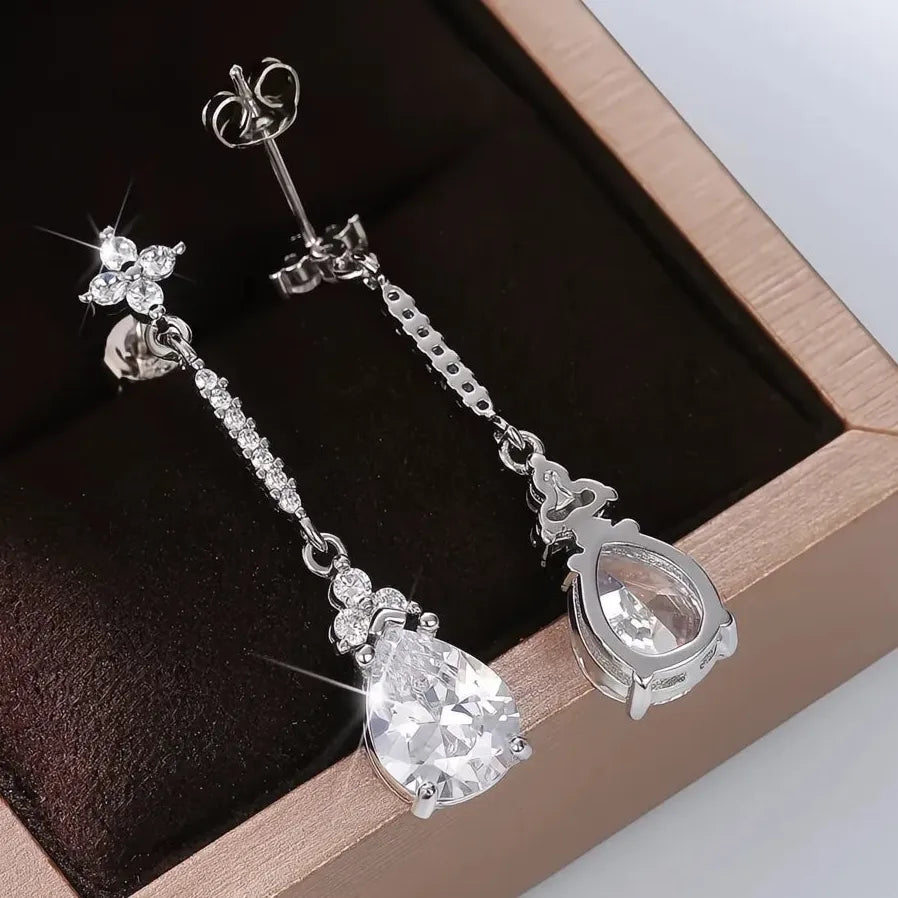 Geometric Crystal Pear Cubic Zirconia Drop Earrings Silver Wedding Jewelry