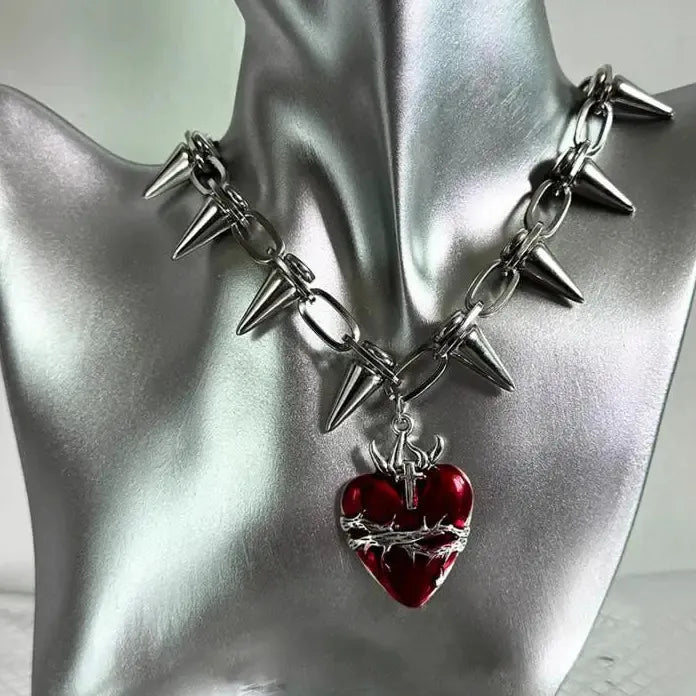 Punk Gothic Red Heart Pendant Necklace Metal Rivet Spike Choker Unisex
