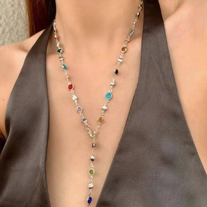 Colorful Crystal Y-Shaped Zinc Alloy Necklace Gold Silver Collarbone Chain