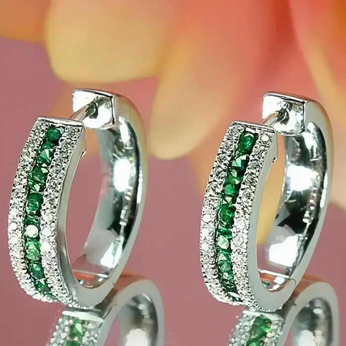 Silver Hoop Earrings with Blue Cubic Zirconia Geometric Design for Women
