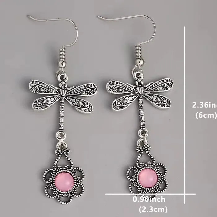 Pink Retro Bohemian Geometric Flower Pendant Drop Earrings for Women Zinc Alloy