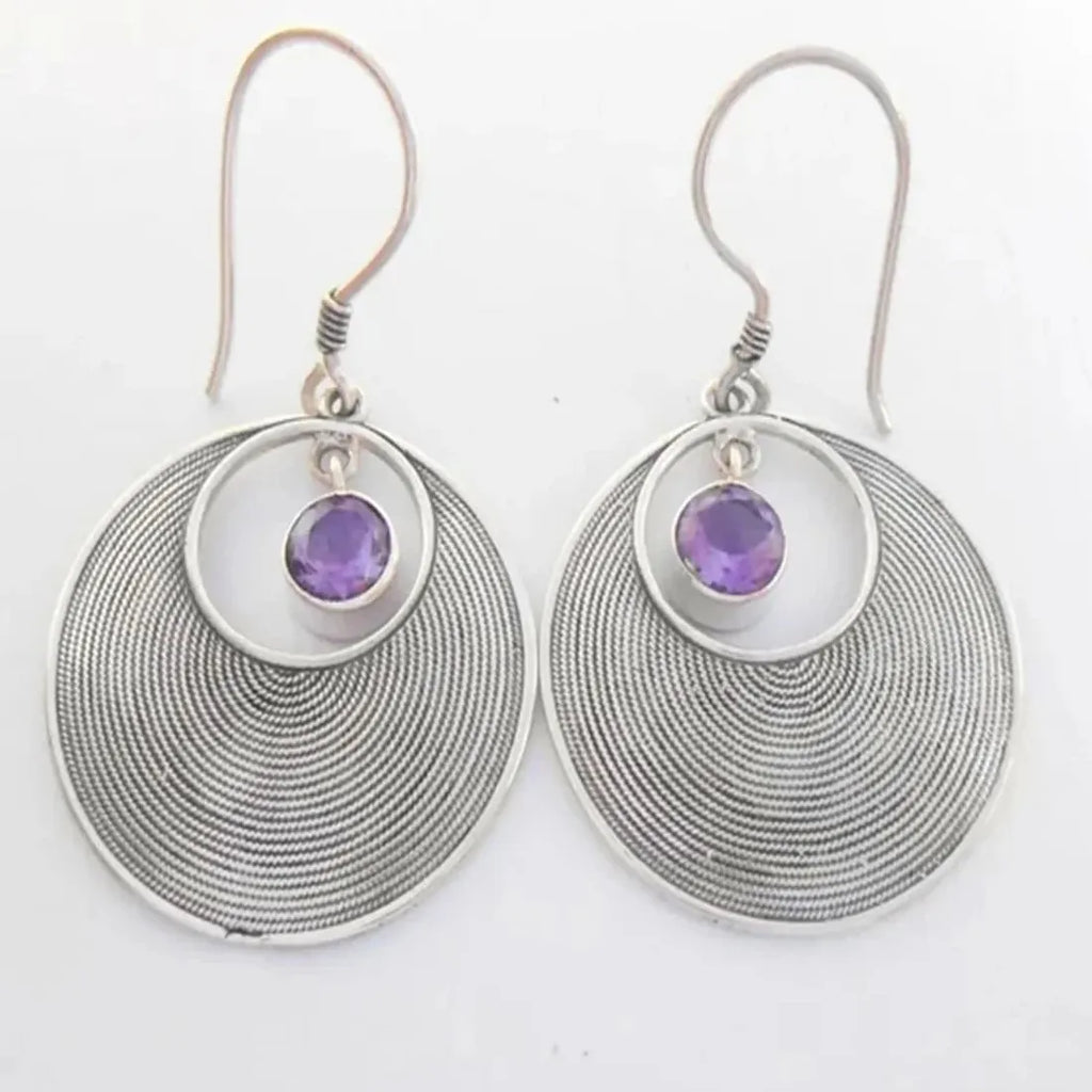 Retro Large Circular Hollow Purple Zinc Alloy Pendant Earrings for Women