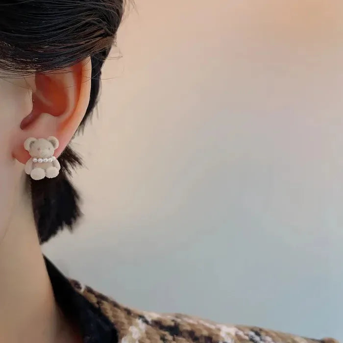 Flocking Plush Pearl Bear Stud Earrings Zinc Alloy Animal Jewelry for Women
