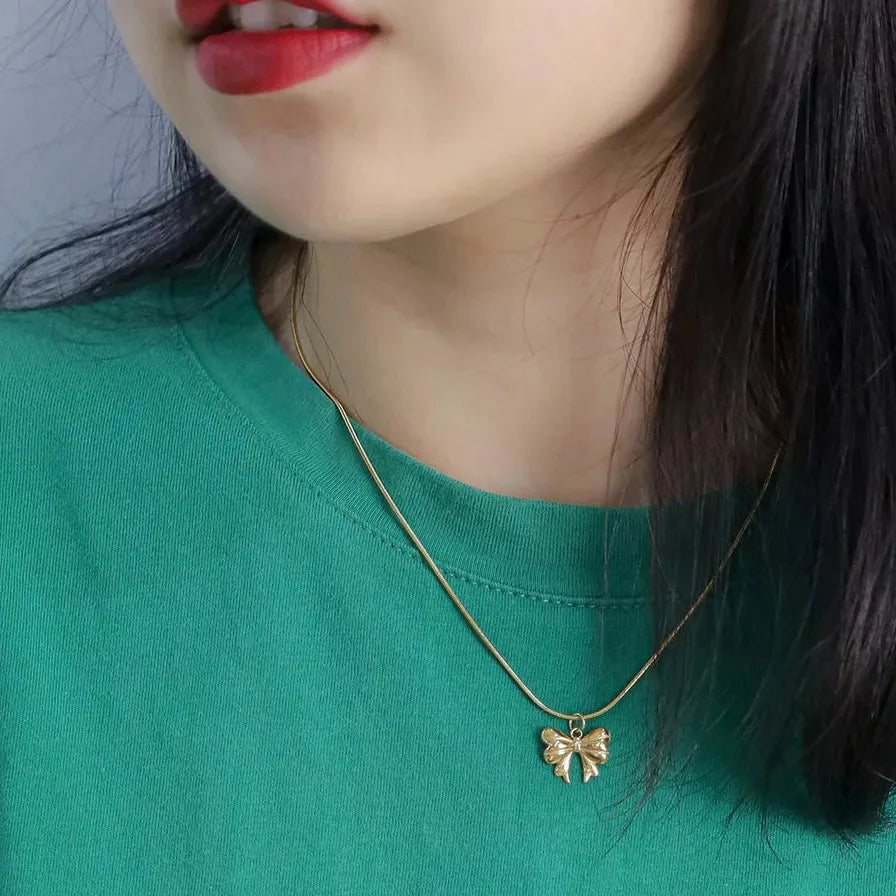 18K Gold Plated Bowknot Pendant Necklace Snake Chain Chunky Hollow Heart Zircon Jewelry