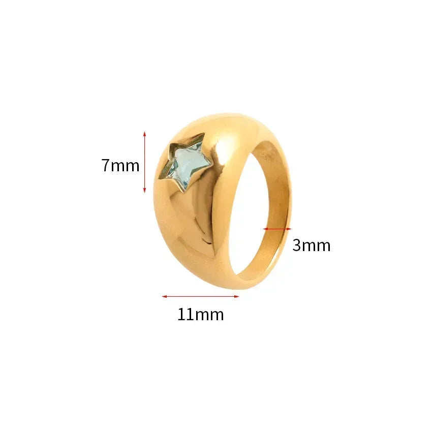 18K Gold PVD Stainless Steel Star Zircon Chunky Ring for Women Blue Pink Crystal