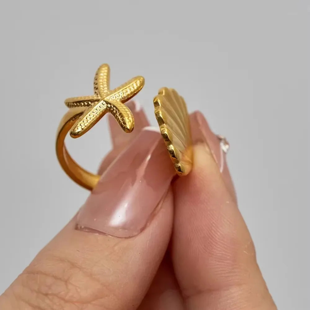 18K Gold Plated Stainless Steel Adjustable Conch Whelk Shell Ring Women