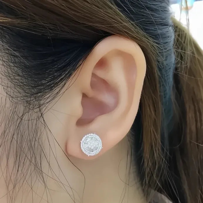 Geometric Round Stud Earrings with Sparkling CZ Cubic Zirconia for Women