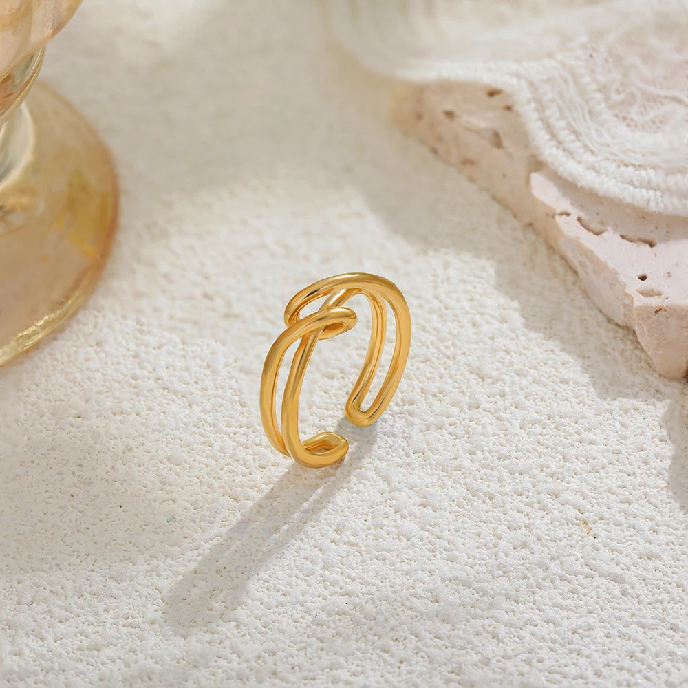 Vintage Gold Plated Stainless Steel Hollow Double-Layer Twisted Rope Knot Ring for Women