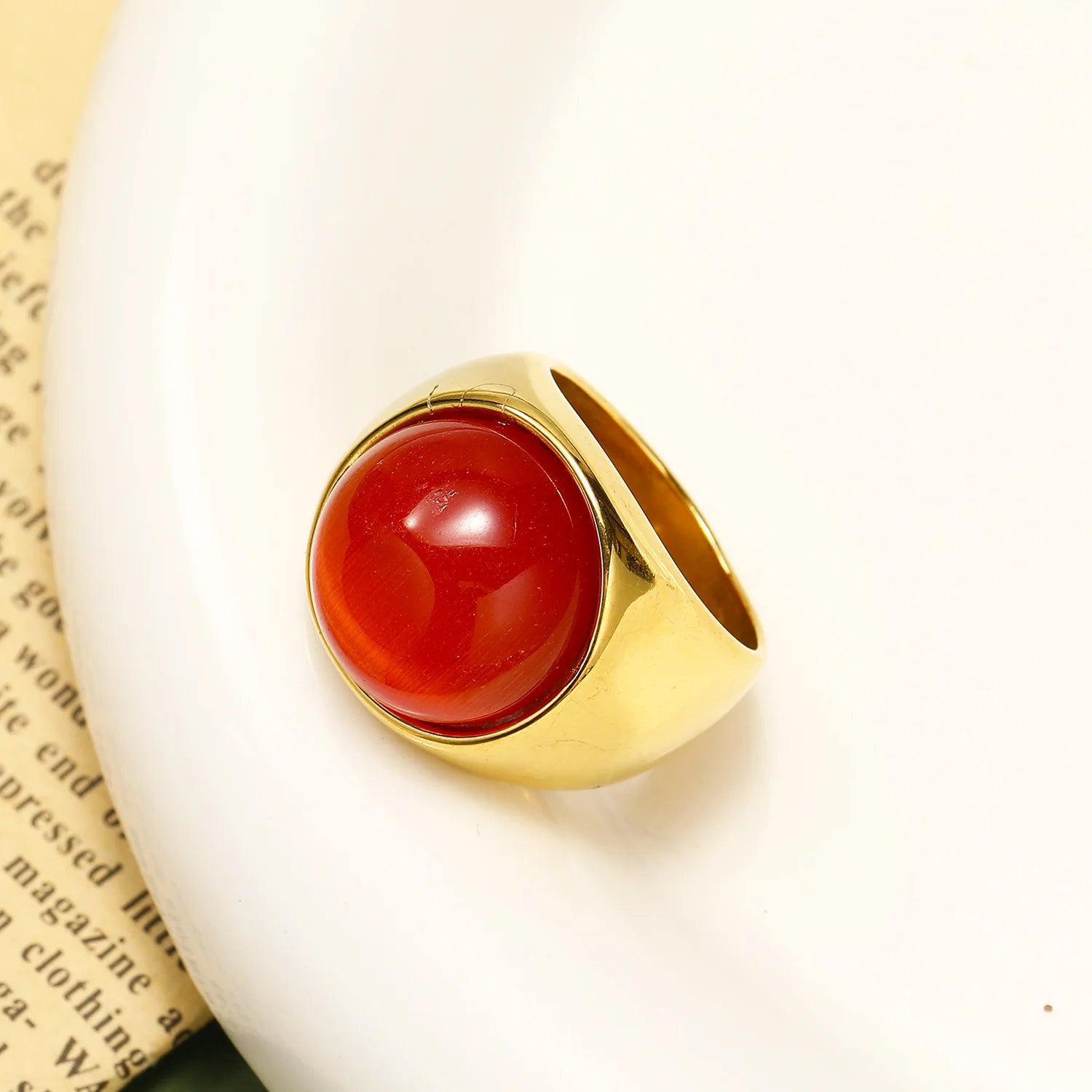 18K Gold Plated Stainless Steel Opal Cat's Eye Chunky Knuckle Ring Vintage Multicolor