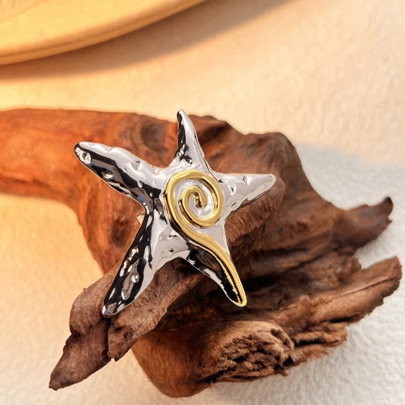 18k Gold Plated Oversize Two-Color Starfish Ring for Women Trendy Jewelry