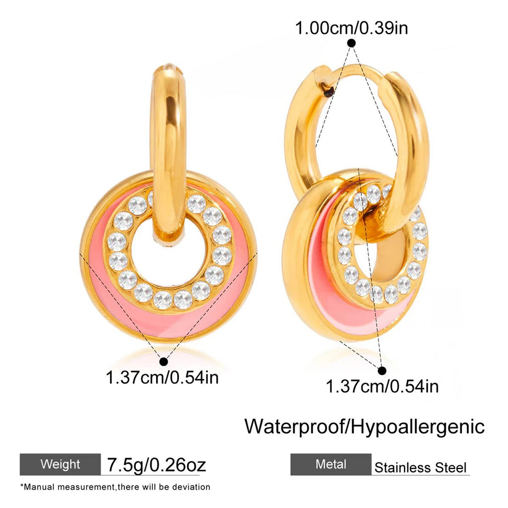 Pink Opal Love Heart Drop Earrings 18K Gold Plated Double Circle Hoops Bridal Jewelry