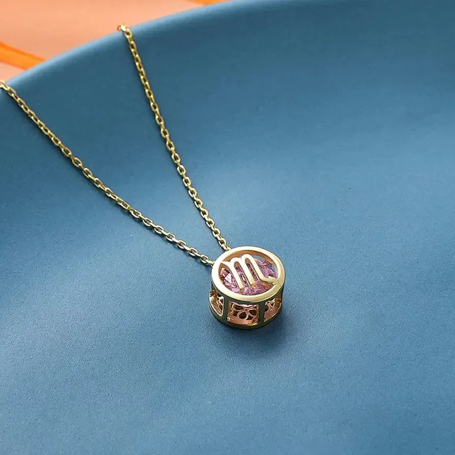 Stainless Steel 12 Constellation Crystal Pendant Necklace Women Birthstone Choker Waterproof Hollow Circle Jewelry