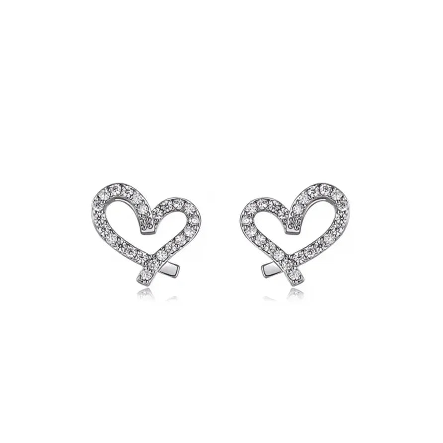 Geometric CZ Crystal Heart Stud Earrings for Women Silver Gift