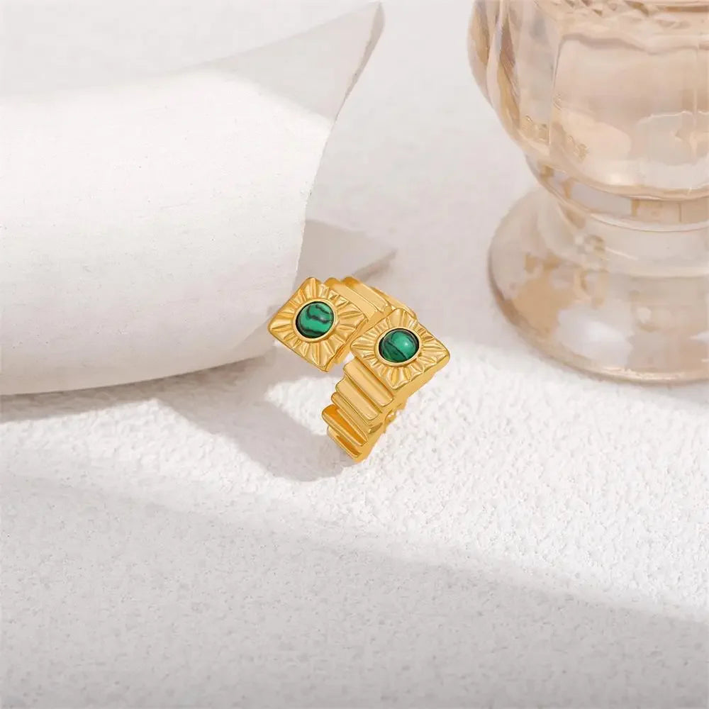 Geometric Stainless Steel Statement Ring for Women with Natural Turquoise Vintage Jewelry