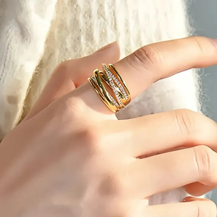 Gold Multi-Layer Geometric Cubic Zirconia Wedding Band Ring for Women
