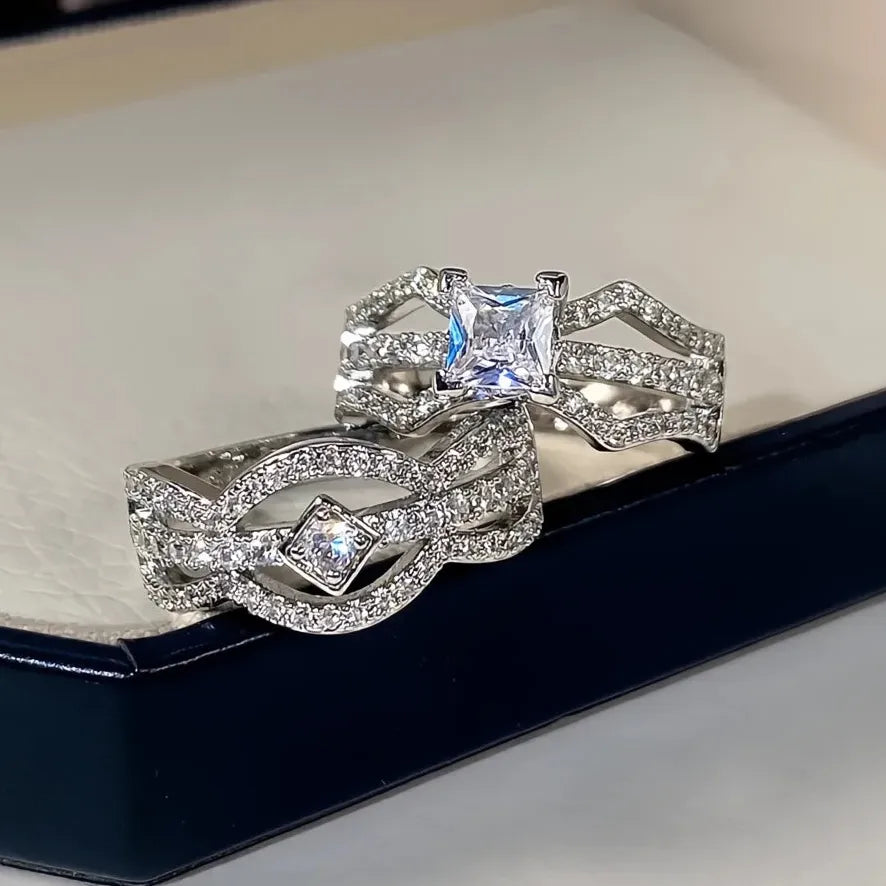 Luxury Bridal 2-Piece Cubic Zirconia Brass Wedding Engagement Ring Set Women