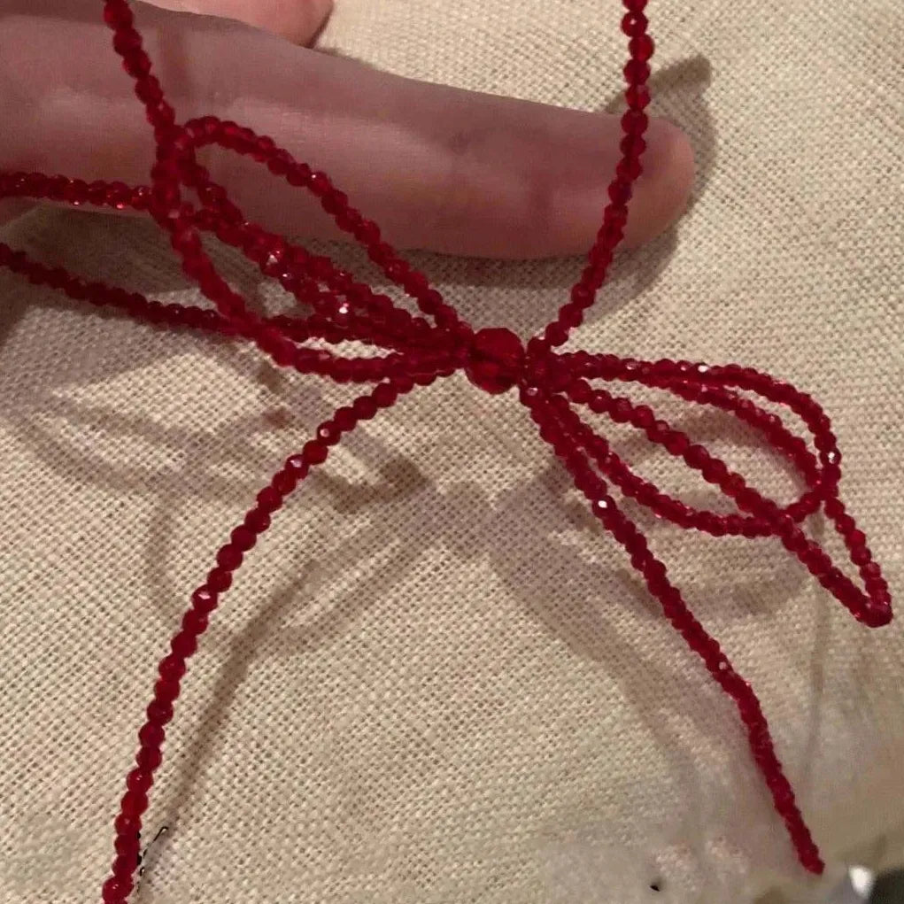 Vintage Red Crystal Bead Bow Necklace Women Girls Long Tassel Choker Y2K Jewelry