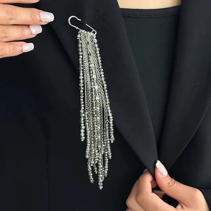 Geometric Black Crystal Long Tassel Zinc Alloy Brooch for Women