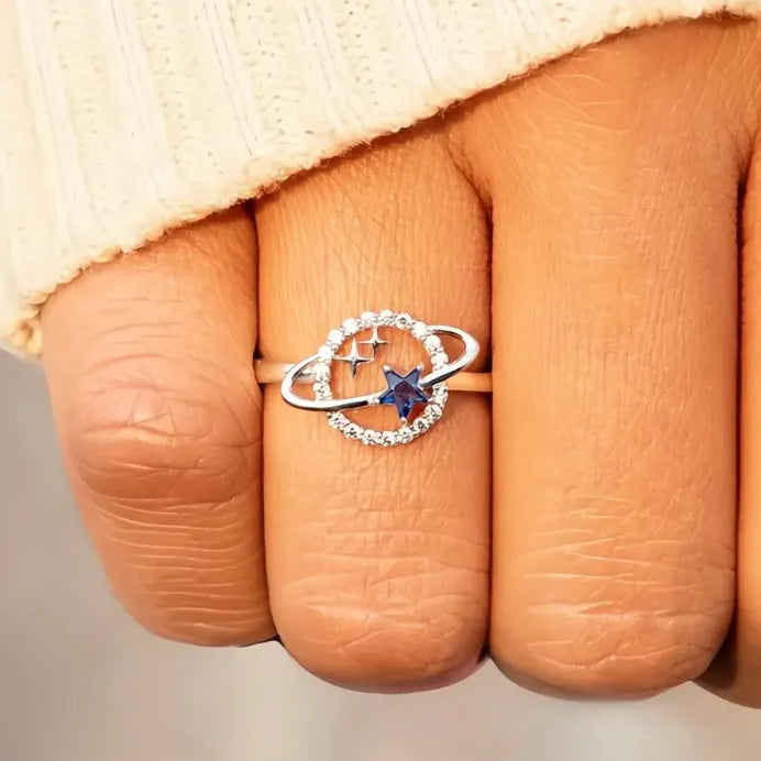 Silver Tone Blue Stars Planet Ring with Cubic Zirconia for Women