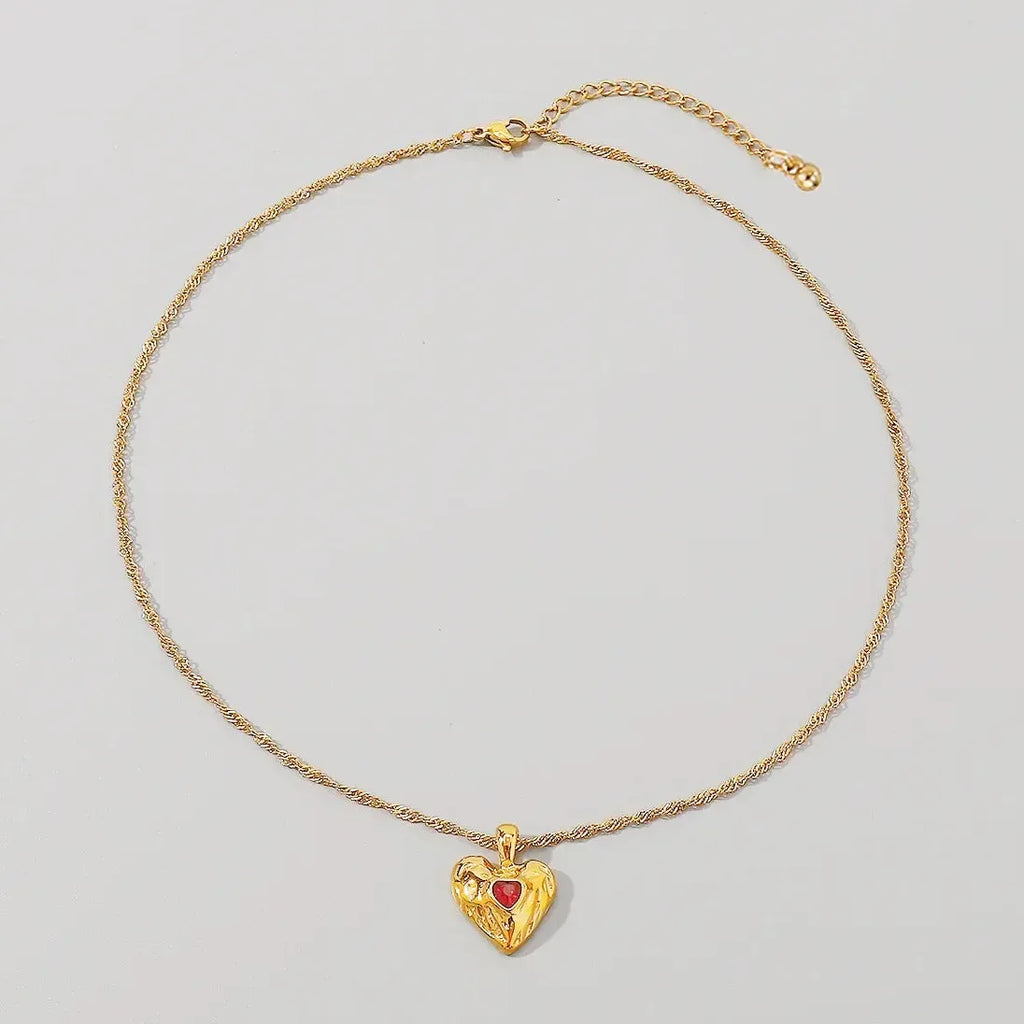 Gold Plated Ribbed Love Heart Pendant Crystal Choker Necklace Women Jewelry Waterproof Stainless Steel