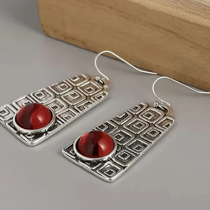 Retro Geometric Punk Pendant Earrings Set with Red Semi-Precious Stones for Women