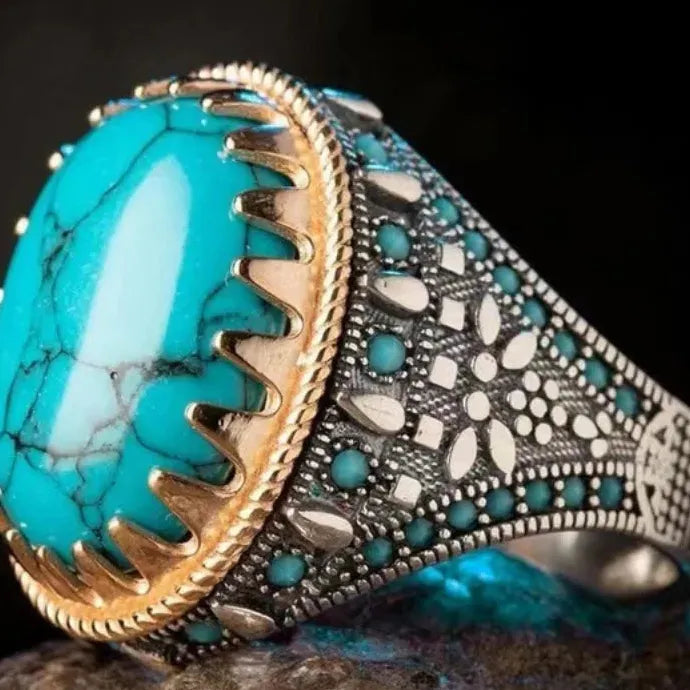 Men's Punk Electroplating Two-Color Turquoise Ring Zinc Alloy Resin Retro Style