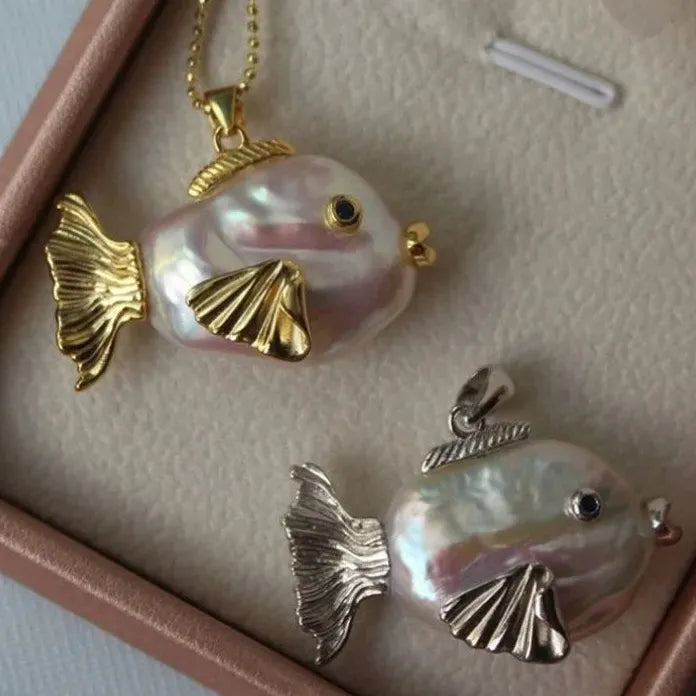 Stainless Steel Pearl Geometric Bighead Fish Necklace Couples Choker Gift