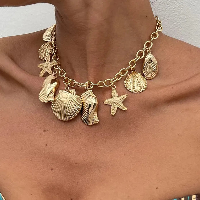 Vintage Starfish Shell Pendant Necklace Adjustable Metal Beach Gift for Women