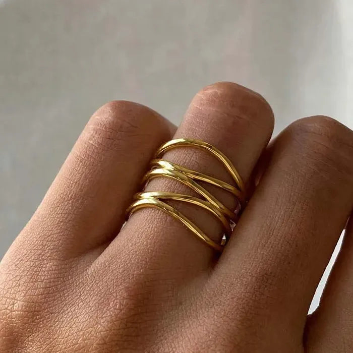 Adjustable Stainless Steel Gold Geometric Irregular Line Mood Tracking Ring for Women