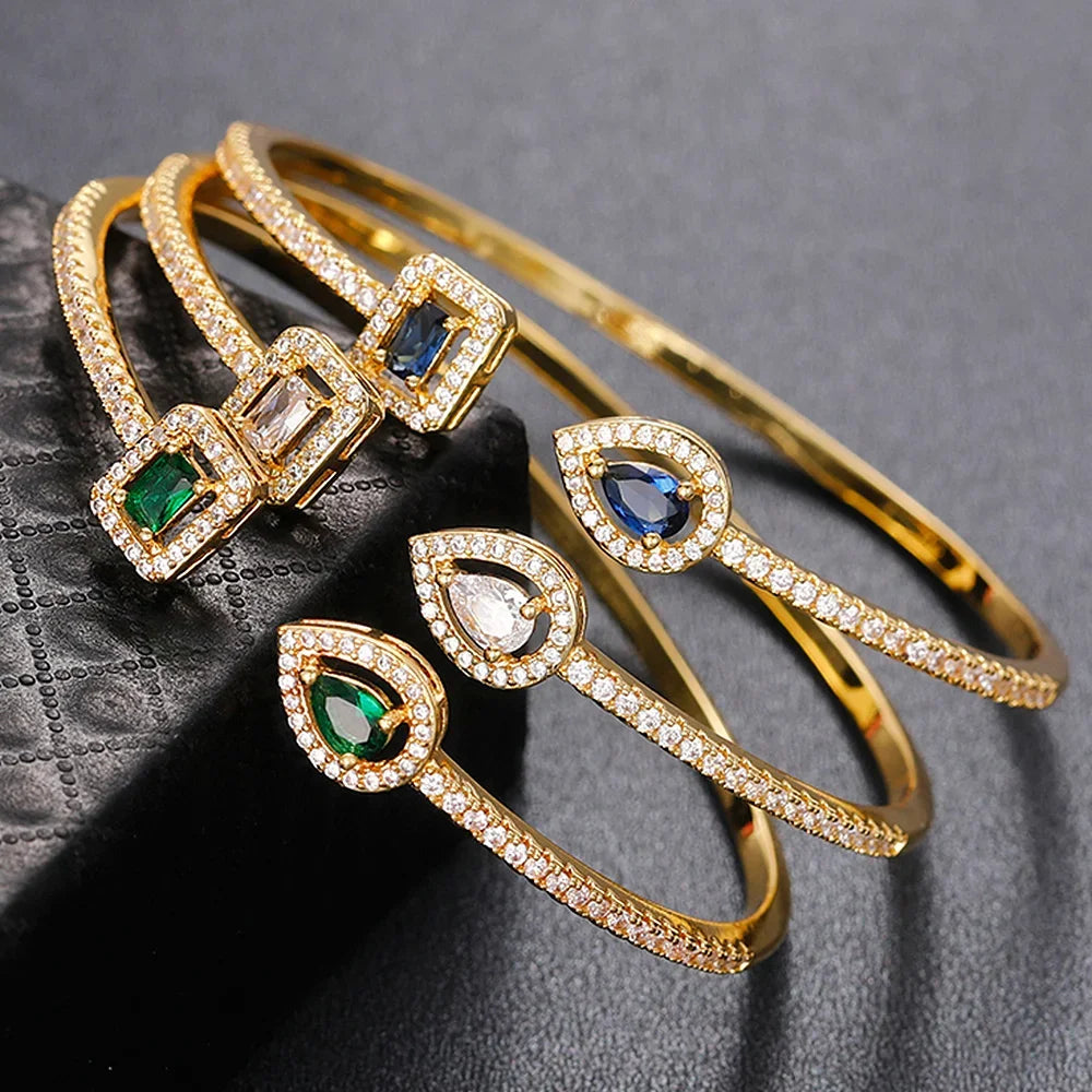 Adjustable Luxury Green White Blue Cubic Zirconia Cuff Bracelet Women