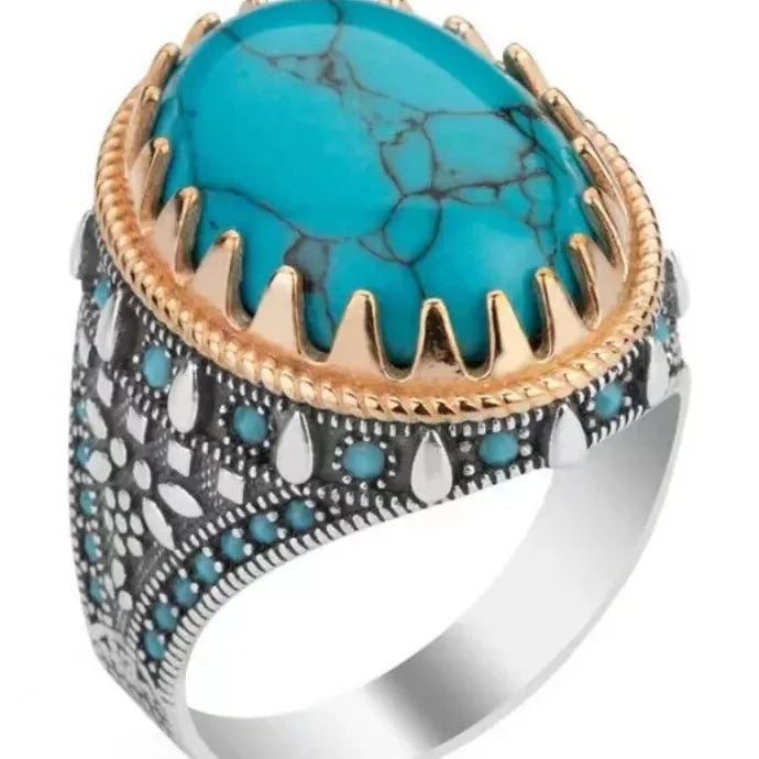 Men's Punk Electroplating Two-Color Turquoise Ring Zinc Alloy Resin Retro Style