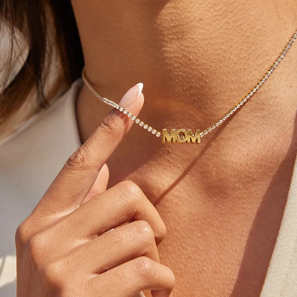 18K Gold Plated Stainless Steel Zircon MOM Tennis Chain Necklace Choker