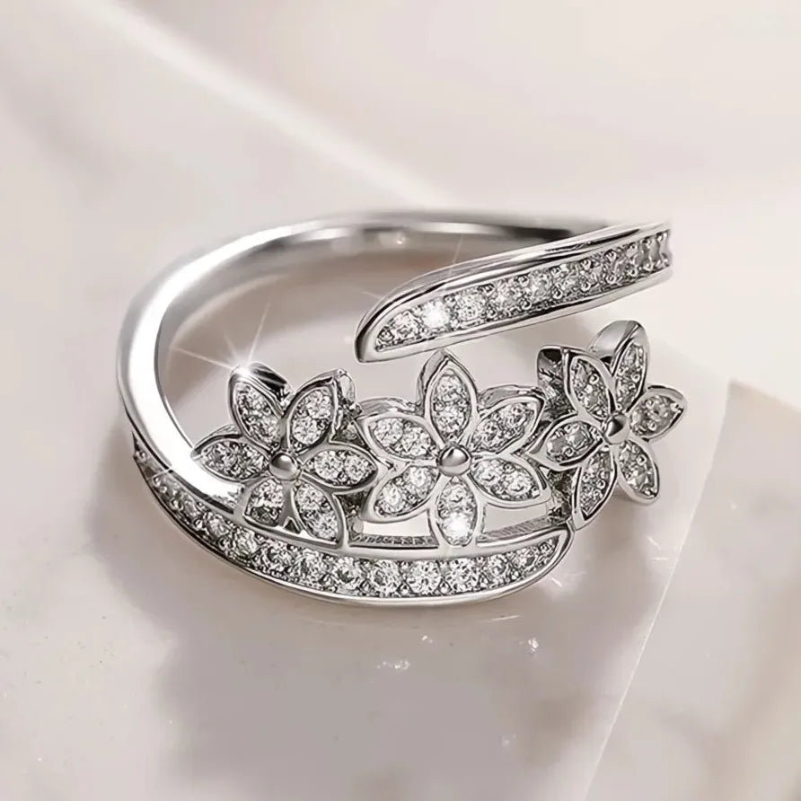 Geometric Crystal Flower Opening Ring Silver Plated Party Jewelry for Women