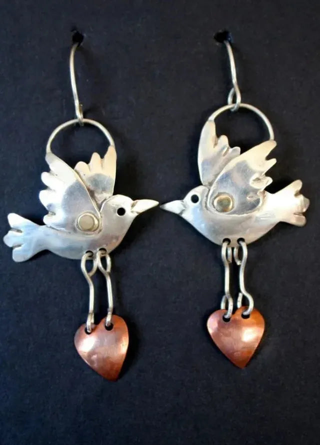 Retro Zinc Alloy Bird Earrings Two-Tone Heart Drop Fashion Jewelry