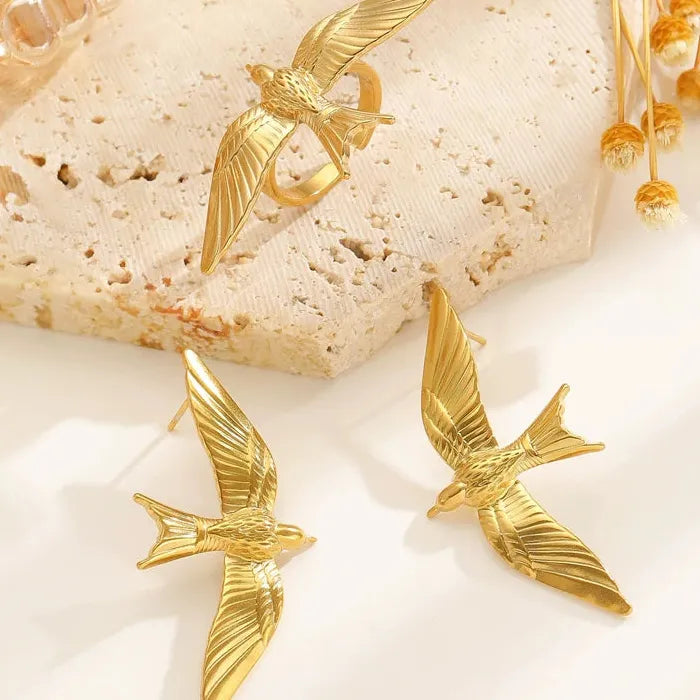 Stainless Steel Dove Jewelry Set for Women Vintage Bird Wing Earrings Ring