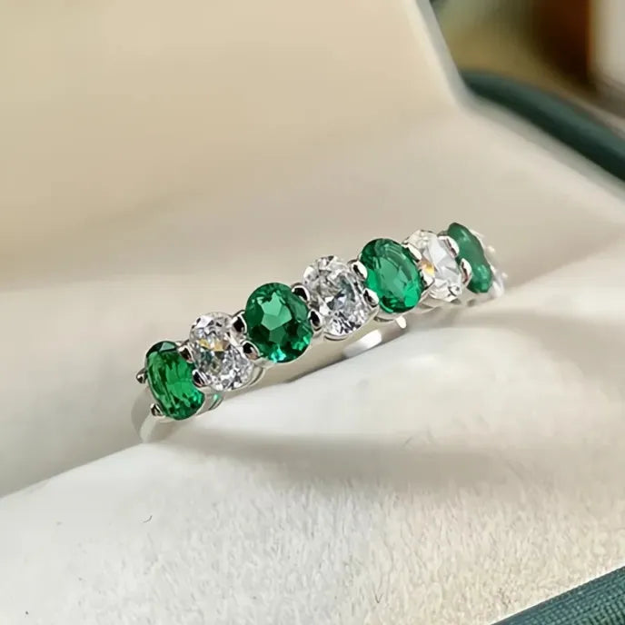 Women’s Silver Color Brass Wedding Band Ring with Green White Cubic Zirconia Geometric Design