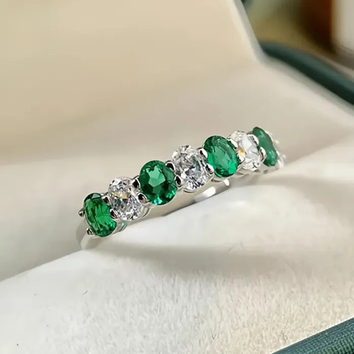 Silver Tone Green White Cubic Zirconia Wedding Band Ring for Women