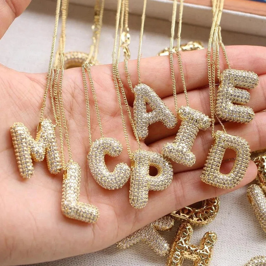 2026 Stainless Steel Bubble Letter A-Z Necklace Cubic Zirconia Pendant Women Girls