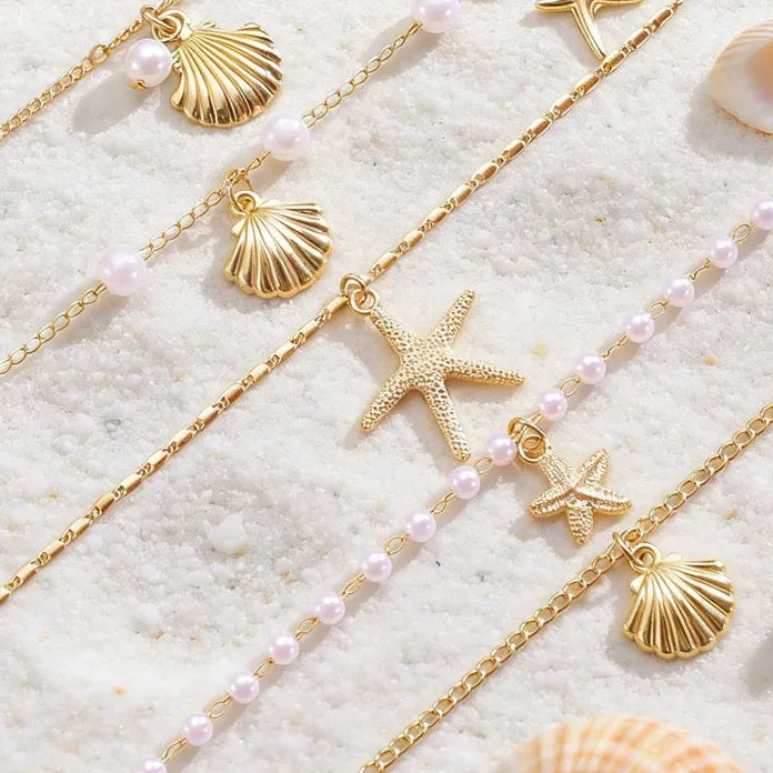 Starfish Shell Pearl Double-Layer Pendant Necklace for Women Zinc Alloy Gift