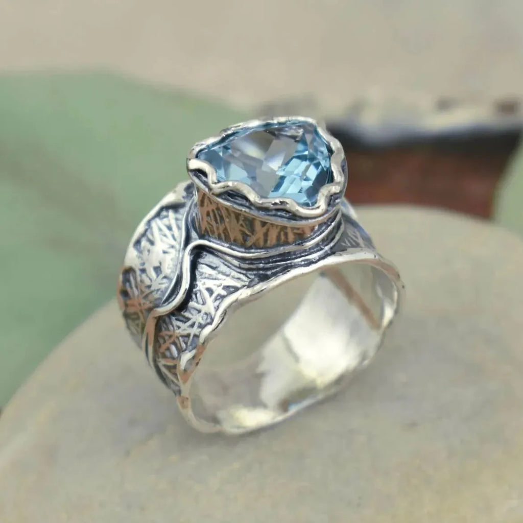 Silver-Plated Boho Ring with Blue Gemstone Inlay Vintage Style for Women