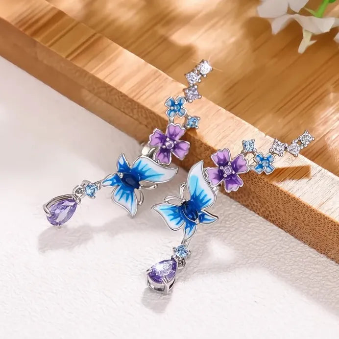 Butterfly Flower Drop Earrings with Sparkling Cubic Zirconia for Women