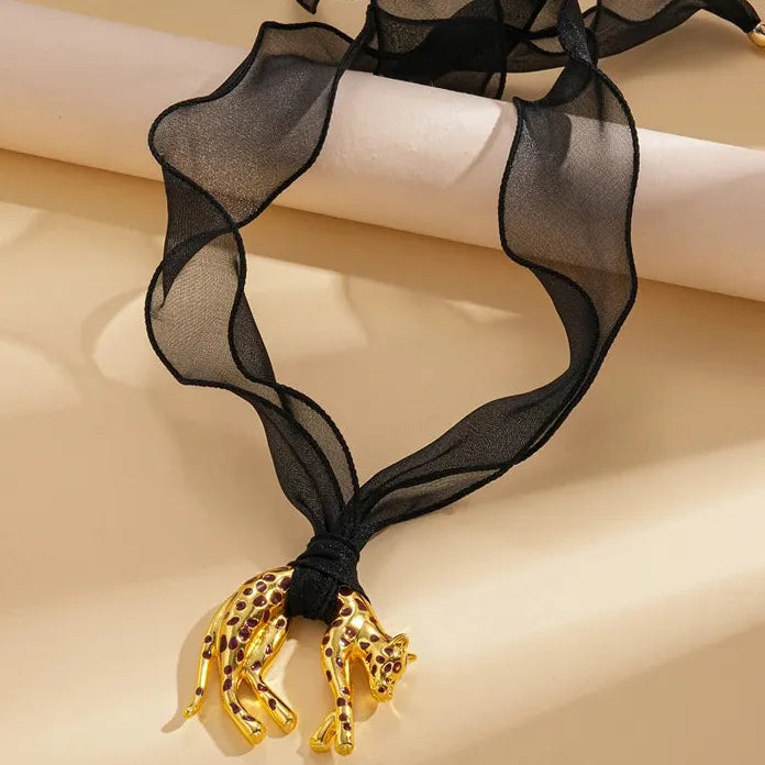 Leopard Pendant Necklace for Women Drip Oil Animal Jewelry Black Mesh Chain