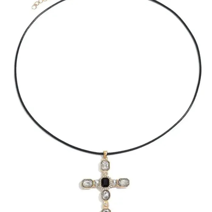 Crystal Cross Pendant Necklace Leather Choker Punk Gothic Hip Hop Unisex Jewelry