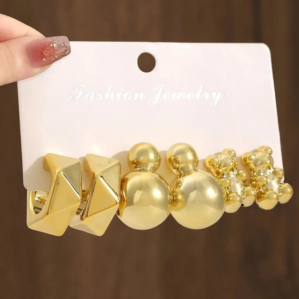 6Pcs Gold Heart Bear Drop Earrings Women Twisted Metal C-Shape Jewelry Gift