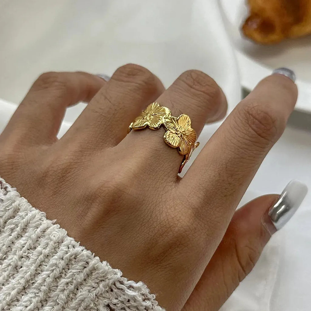 Stainless Steel Flower Rings for Women Men, Gold Silver, Double-Layer Open Band